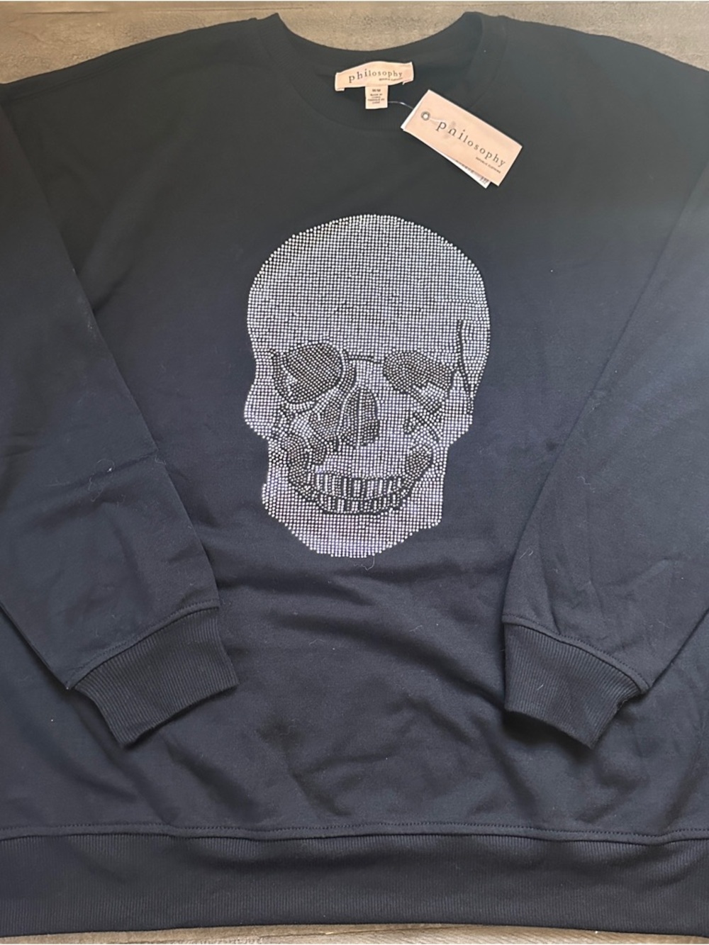 NWT Philosophy Women’s Black Skull Sweatshirt Rhinestone Graphic Crewneck Medium - Picture 2 of 7